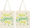 Whaline 2Pcs St. Patrick's Day Canvas Tote Bags Green Shamrock Grocery Bags Happy St. Patrick's Day Party Gift Goodie Bags Reusable Shoulder Bags for Grocery Shopping Supplies, 13.4 x 15.8inch
