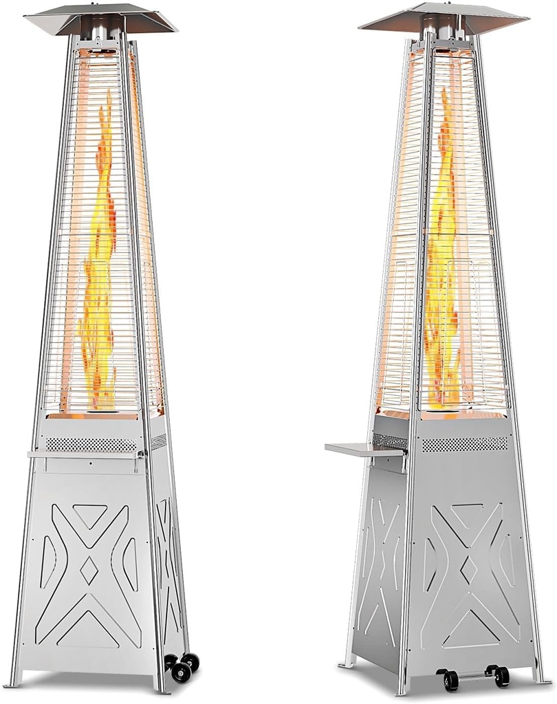 Towallmark Pyramid Patio Heater, 48,000 BTU Outdoor Patio Heater, Quartz Glass Tube Propane Heater, Triple Protection System, With Wheels, Outdoor Heater for Commercial & Residential Silver