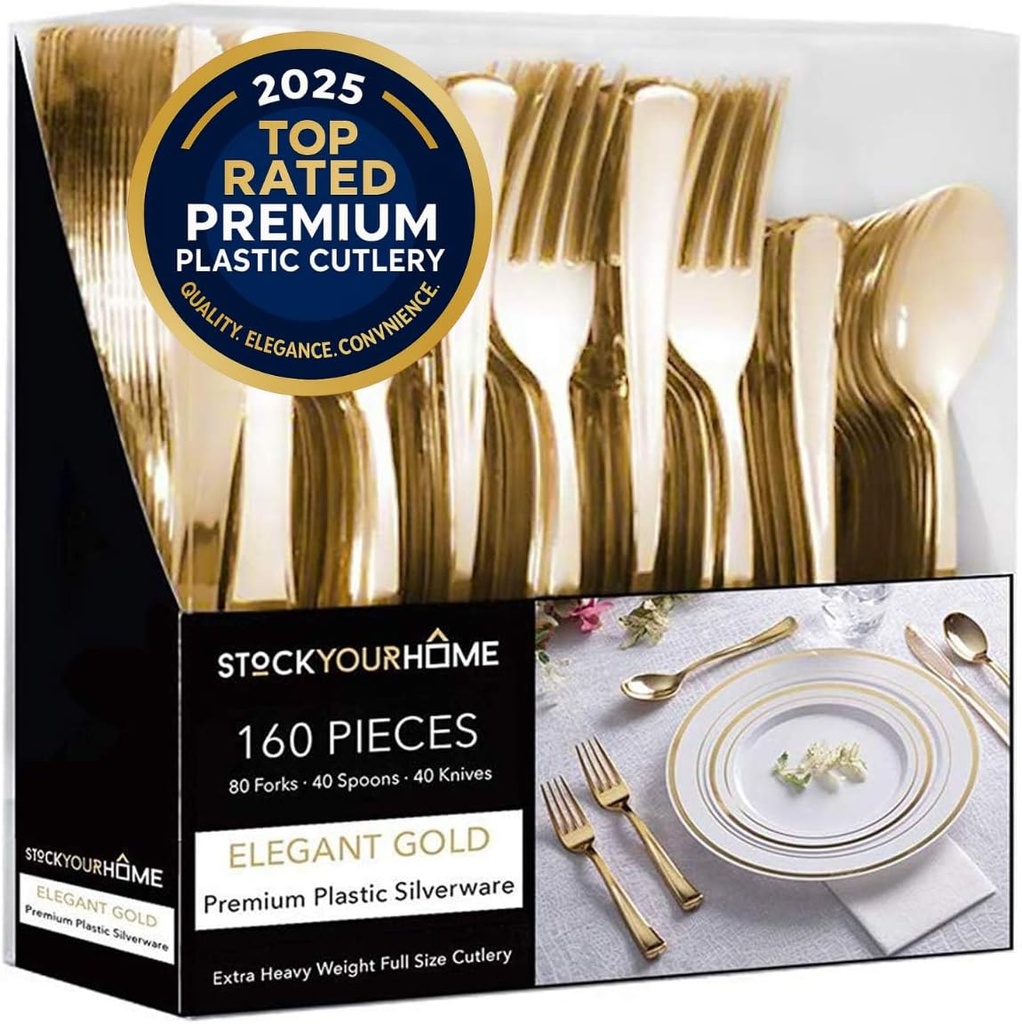 Gold Plastic Silverware Set (160 Bulk Pack) Disposable Cutlery Utensils, 80 Gold Forks, 40 Gold Knives, 40 Gold Spoons, Heavy Duty Flatware For Holidays, Parties, Dinners, Weddings, and Occasions