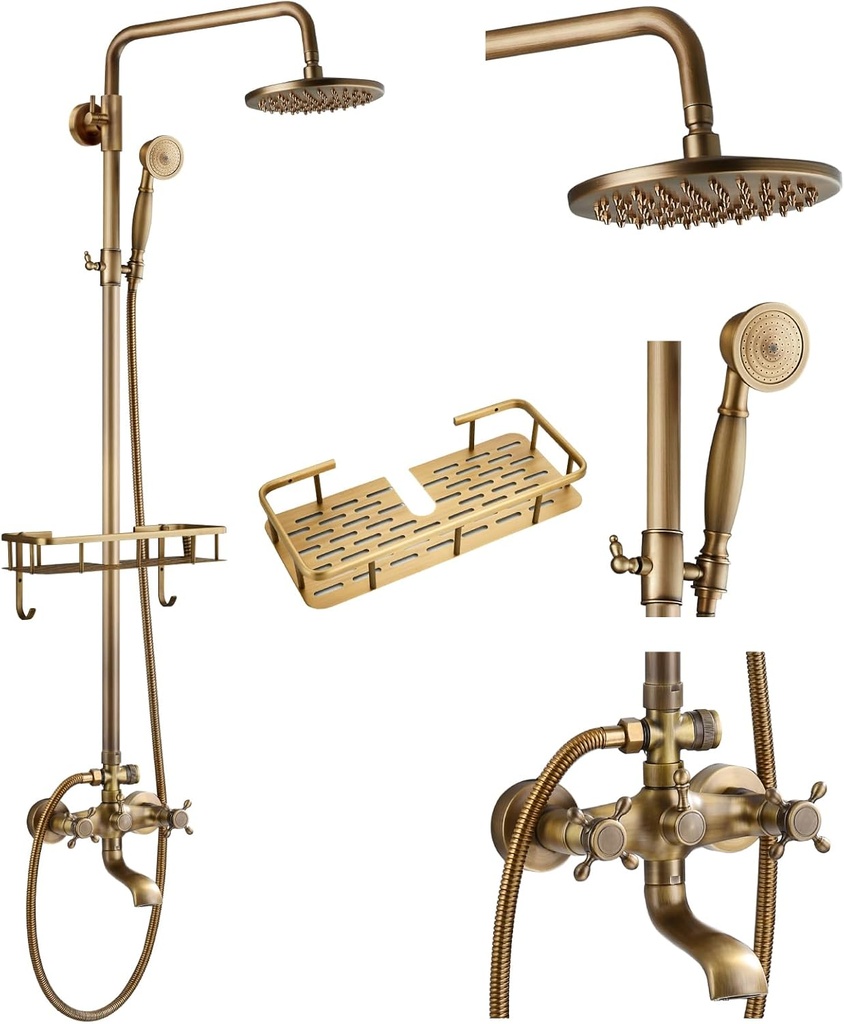 gotonovo Exposed Bathroom Shower Faucet Wall Mounted Outdoor Shower System 8 Inch Shower Head and Tub Spout Double Cross Handles Adjustable Handheld Sprayer with Shower Shelf Antique Brass