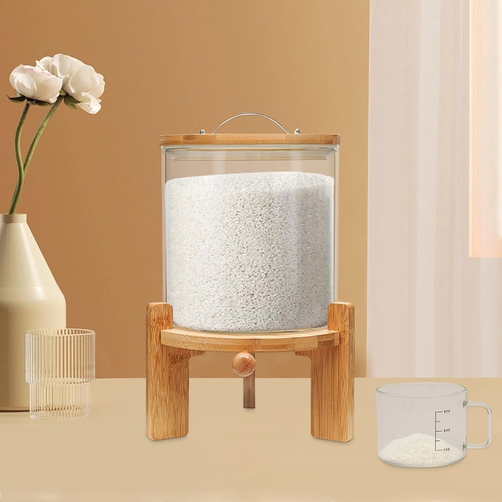 Ringmaster Rice Dispenser 5L Airtight Storage Glass Container with Sealed Lid & Wooden Stand & Measuring Mug,Flour Cereal Dry Food Storage Container Seal Dispenser