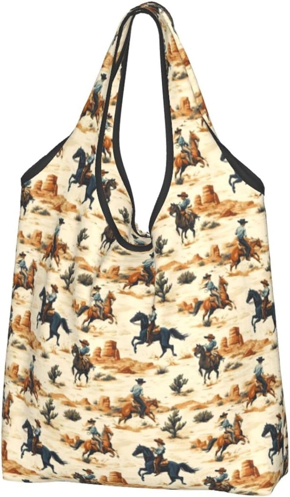Retro Western Cowboy B Print Reusable Grocery Bags Shopping Bags - Foldable Grocery Bag Tote Bag with Handles