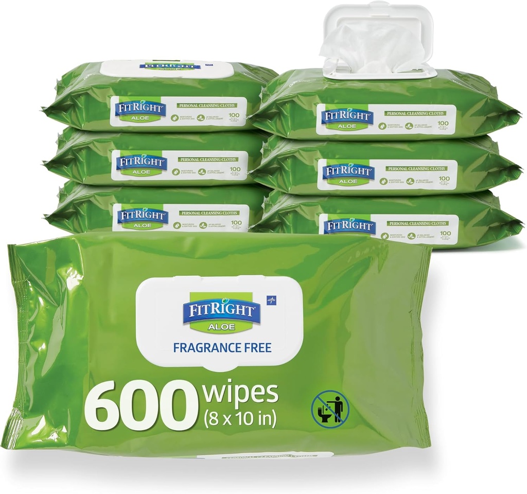 FitRight Personal Cleansing Wipes with Aloe (8x10 inch) | 600 Pieces Moisturizing Body Wipes for Adults Bathing and Incontinence Cleaning | Scented Cloth Adult Wipes for Elderly Care