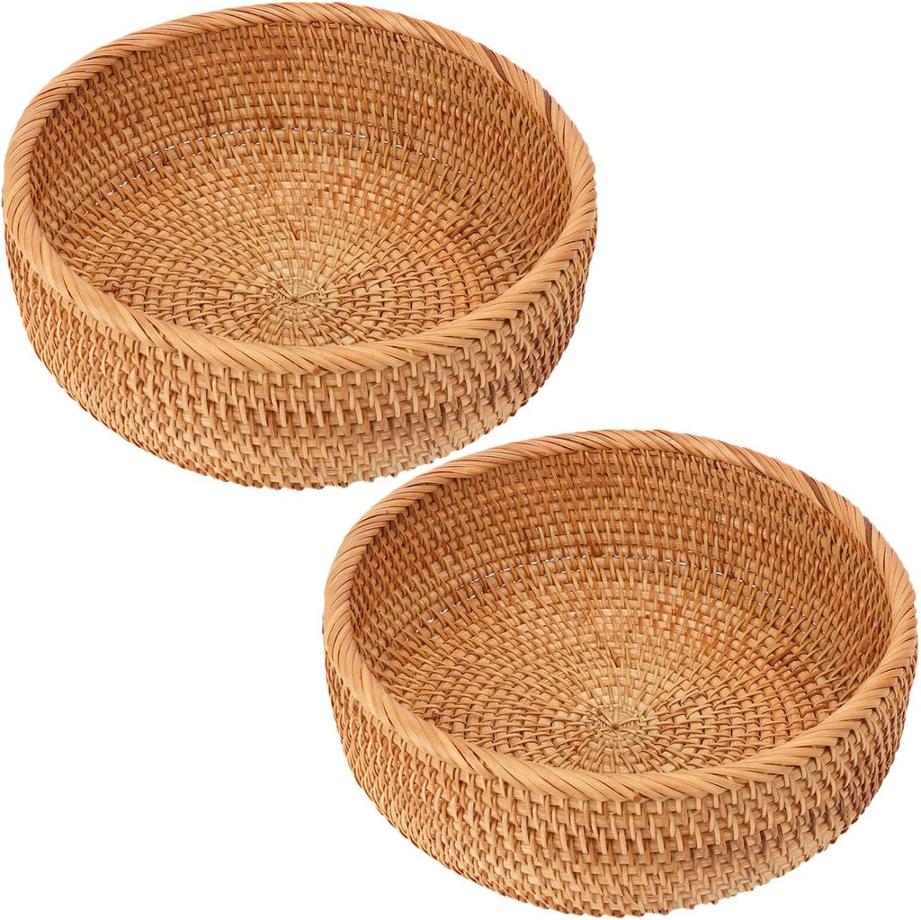 2 PCS Handmade Round Rattan Bread Baskets - 9.06 x 3.54 Inch Round Wicker Bread & Fruit Serving Basket, Natural Woven Storage Basket Bowls for Home & Kitchen