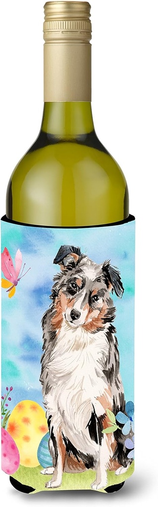 Caroline's Treasures BB9607LITERK Australian Shepherd Easter Wine Bottle Hugger Bottle Cooler Sleeve Hugger Machine Washable Collapsible Insulator Beverage Insulated Holder