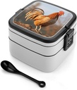 All-in-One Bento Box Stackable Leak-Proof Lunch Box With Carry Handle 2 Layer Portable Meal Prep Container Farm Rooster Lunchbox with Utensils for Dining Out Work