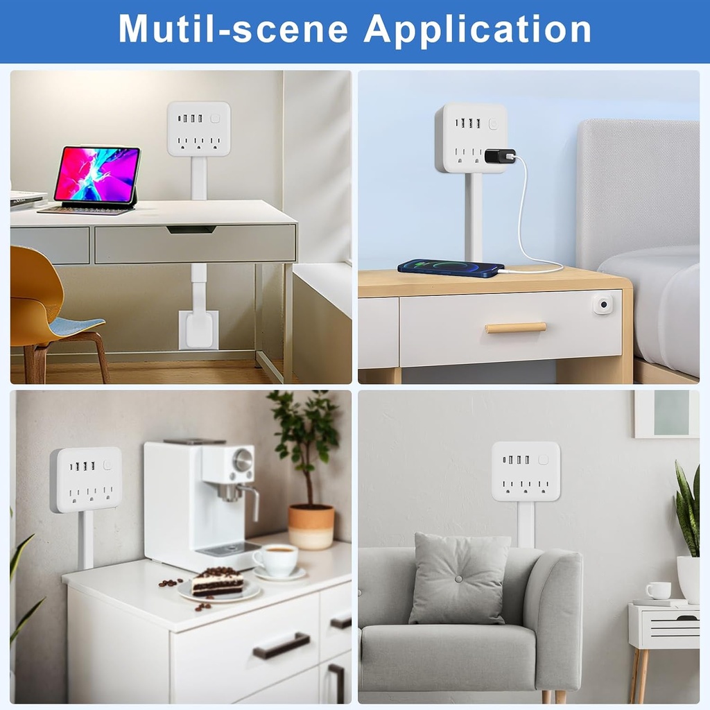 Electrical Outlet Extender Stick, 180° Rotating Surge Protector Power Strip, Featured 3 AC and 4 USB Ports, Multi Plug Wall Outlet Splitter | Ideal for Behind Couches, Nightstands, Desks | White