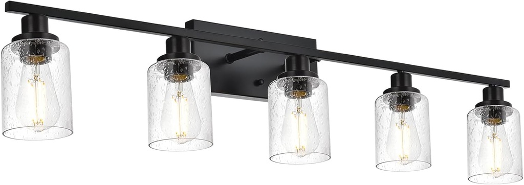 40 Inches Length Black Bathroom Lighting Fixtures, 5-Light Modern Industrial Wall Sconce Vanity Light Fixture with Seeded Glass for Bedroom Over Mirror