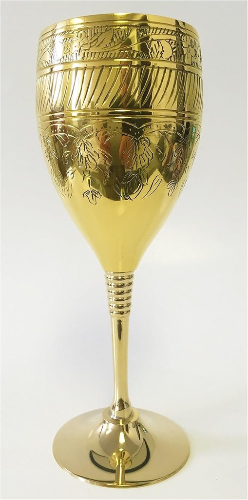 Tall Round Brass Plated Shabbat Kiddush Cup - Gold Goblet with Etched Flowers and Markings Design