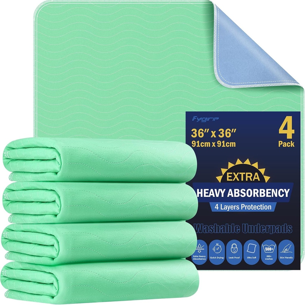 4 Pack 36” x 36” Extra Heavy Absorbency Washable Underpads, Waterproof Quick Drying Nursing Incontinence Reusable Washable Bed Pee Pads for Dogs, Diaper Changing & Adults, Green
