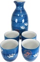 Set Of 1 Japanese Charm Cat Ceramic Blue Sake Set Flask With Four Cups