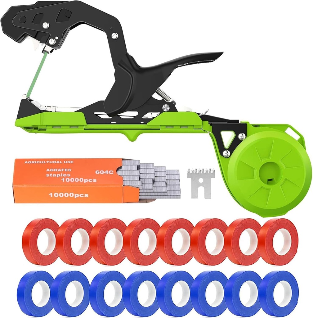 Upgraded Plant Tying Machine, Plant Tying Tape Tool to Tie Up Vine Quickly for Climbing Plants Grapes Raspberries Tomatoes and Vining Vegetables Flowers Garden Tape Tool with Tapes Staples (Green)