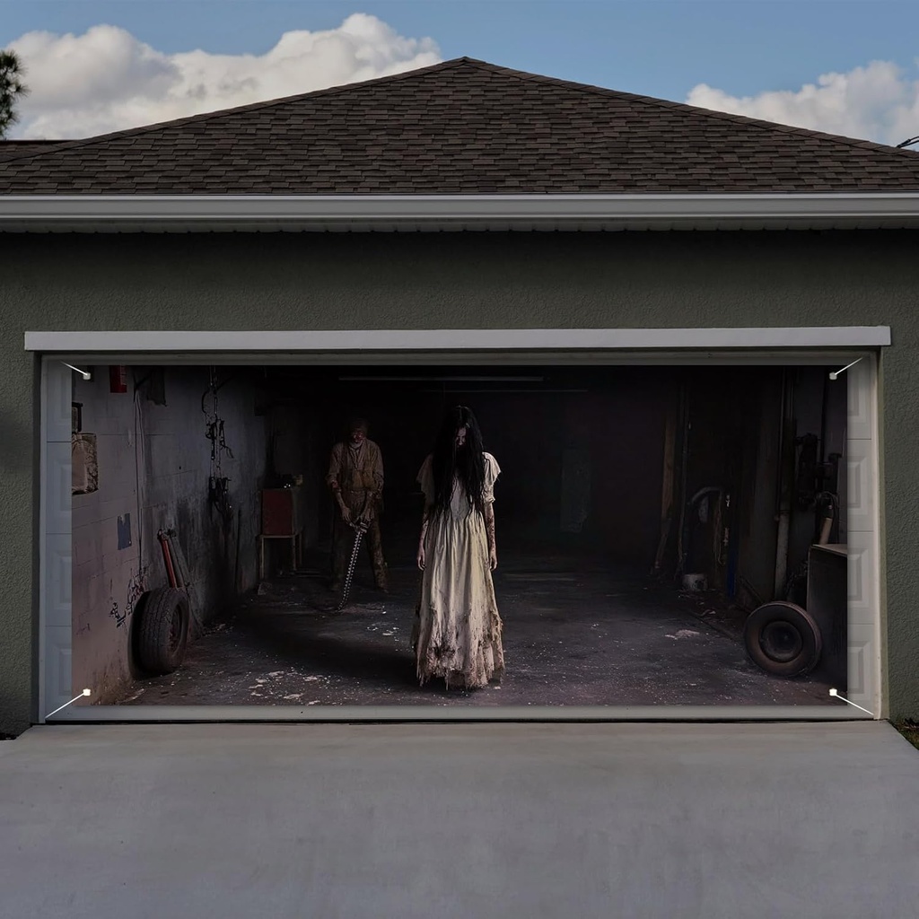 Halloween Garage Door Cover Banner Female Ghost Halloween Garage Door Decorations Scary Long Hair Women Creepy Wall Decor for Outside Decor (7 x 16 ft)