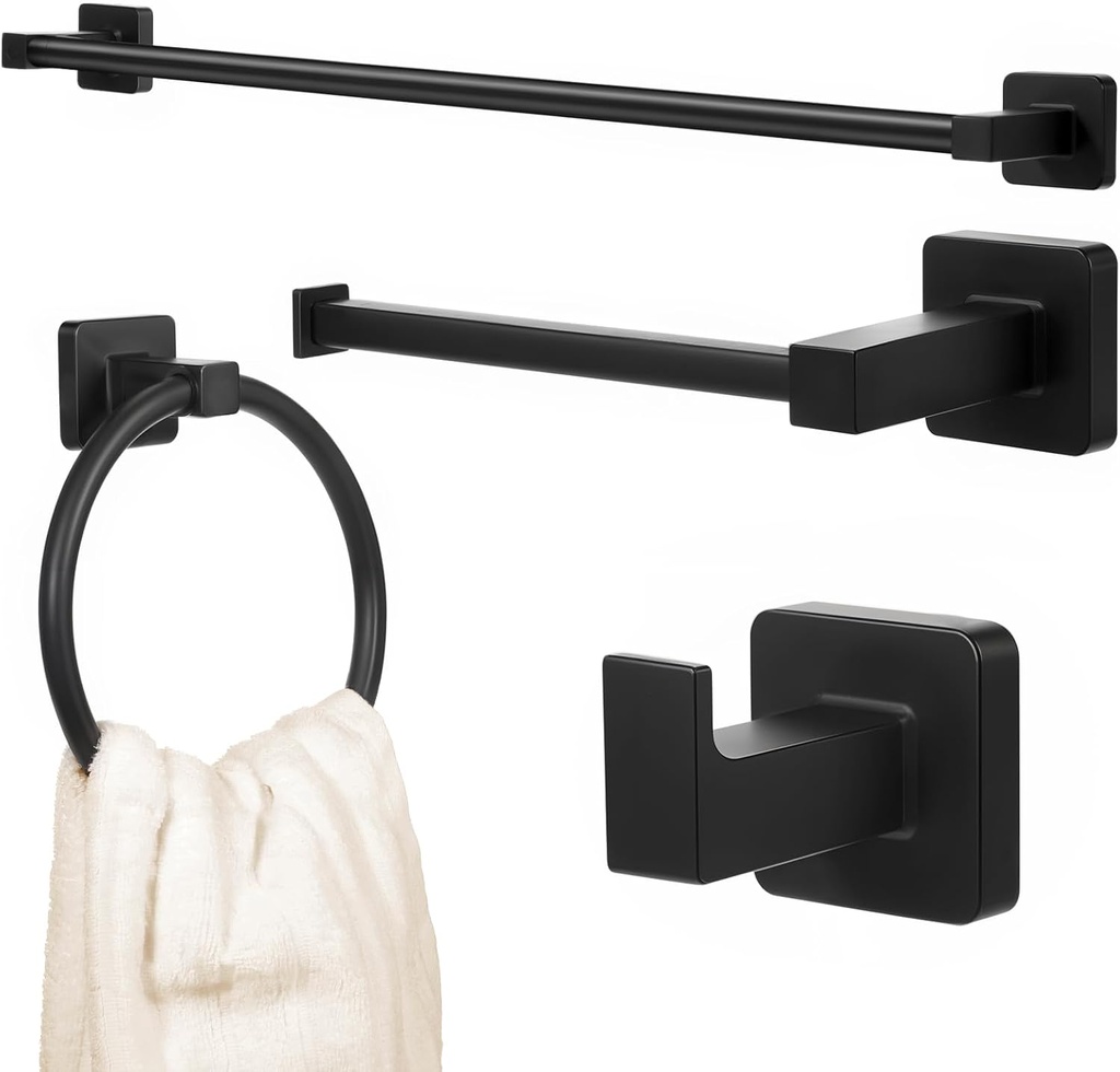 Matte Black Towel Bar Set 4 Pieces Bathroom Hardware Accessory Set Towel Holder Set for Bathroom 304 Stainless Steel Bathroom Accessories Set Wall Mounted 24 in