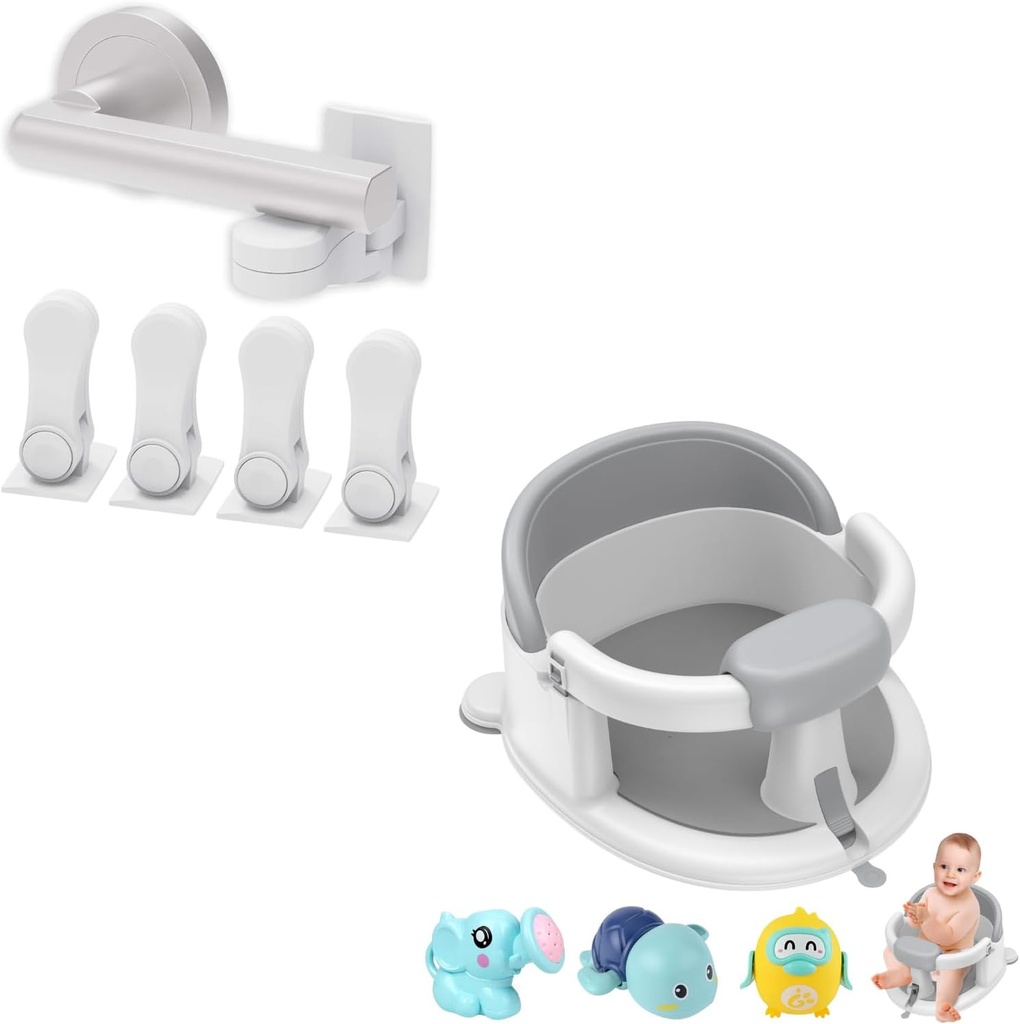 Inaya 4-Pack Child Proof Door Lever Lock & Baby Bath Seat for Babies 6-24 Months