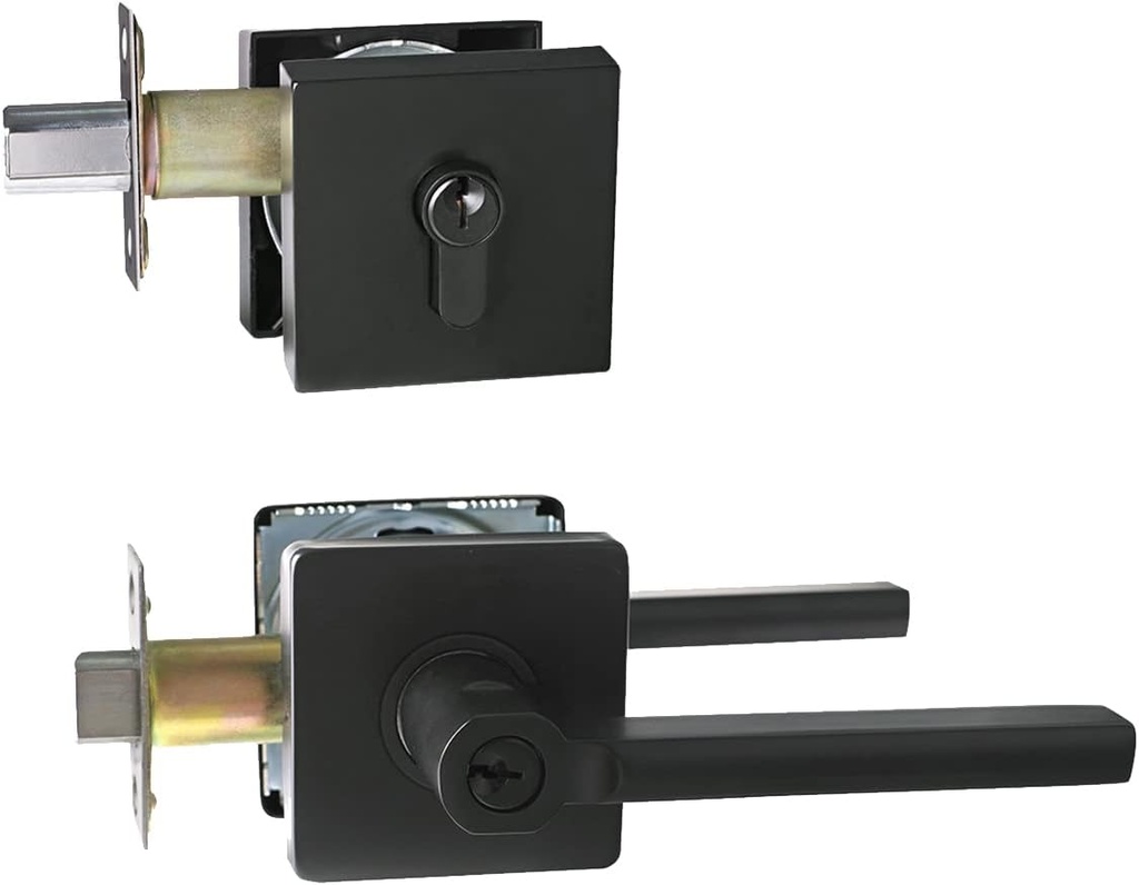 NEWBANG Square Heavy Duty Keyed Entry Combo with deadbolt and Lever Door Handle in Matte Black (for Entrance/Exterior/Front/Office Door) Left or Right Handed HD1601-D105-DB-SET-BR-1P