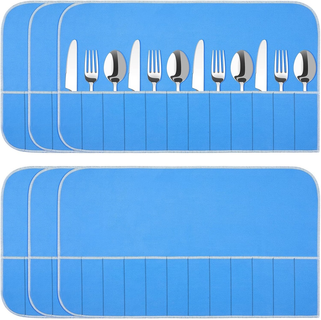 6 Pieces Anti Tarnish Silver Storage Bags silverware Blue Holder for Flatware Storage Organizer Place Setting Roll with White Ribbon for Kitchen Utensils