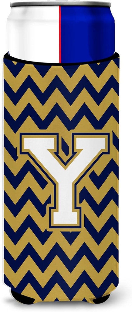 Letter Y Chevron Navy Blue and Gold Ultra Beverage Insulators for slim cans