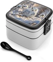 Adult Double-Layer Bento Box Winter White Owl Portable Lunch Box with Spoon And Invisible Handle Leakproof Microwave-Safe Food Container for Work Travel Camping