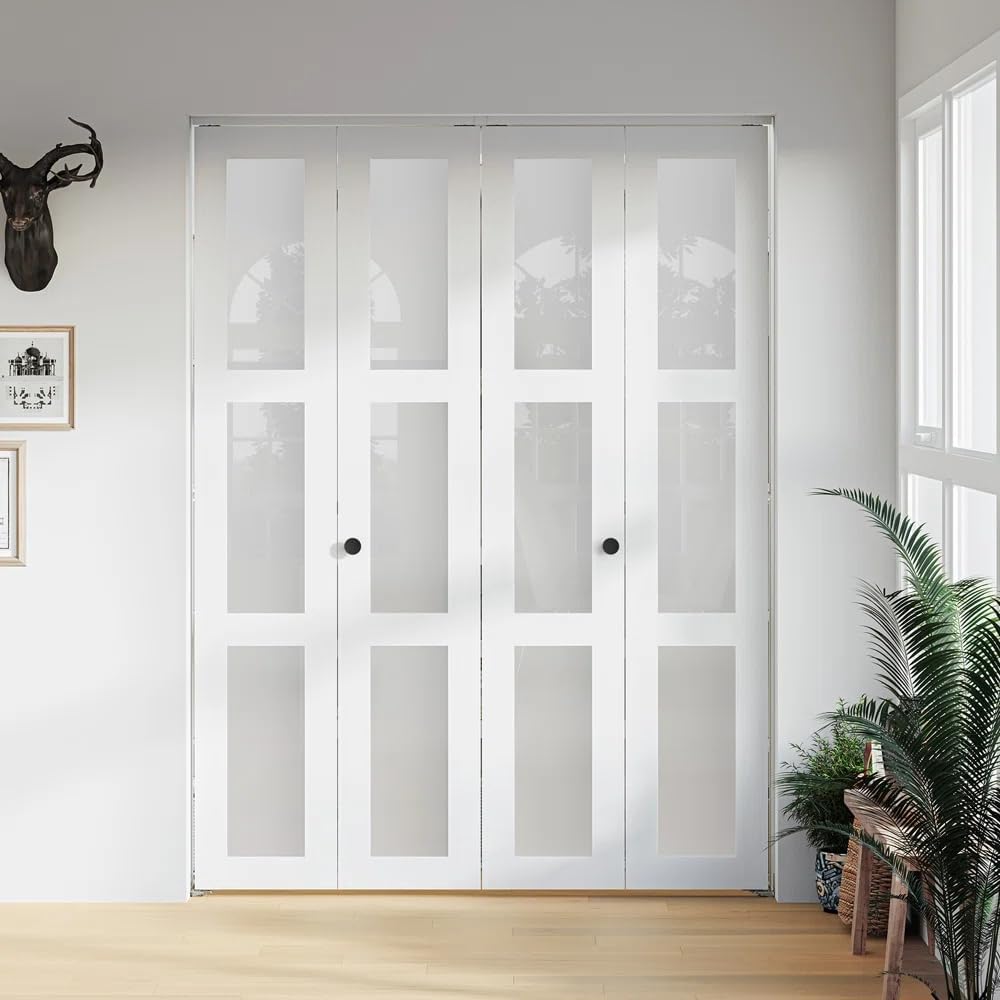 Bifold Door, for 56"x 80" Opening,Tempered Frosted Glass Closet Folding Barn Door with Hardware Kit