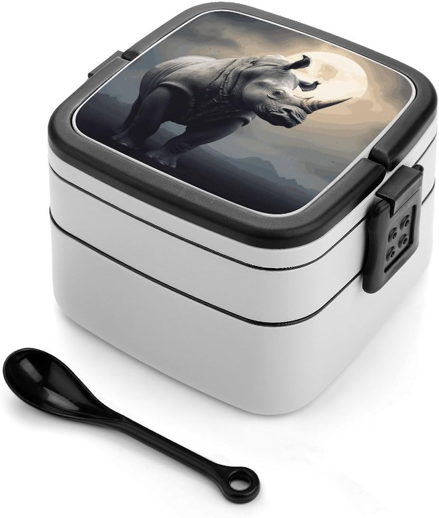 Bento Box Double Layer Lunch Box with Spoon And Handle Leak-Proof All-in-One Bento Boxes for Adults Rhino Lunch Containers Stackable Lunchbox for Dining Out Travel
