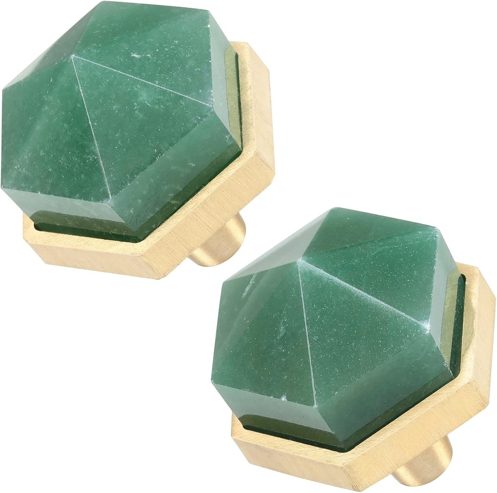 2PCS Hexagonal Green Aventurine Crystal Drawer Pulls Handles with Screws, Pointed Stone Cabinet Knobs for Dresser Kitchen Cupboard