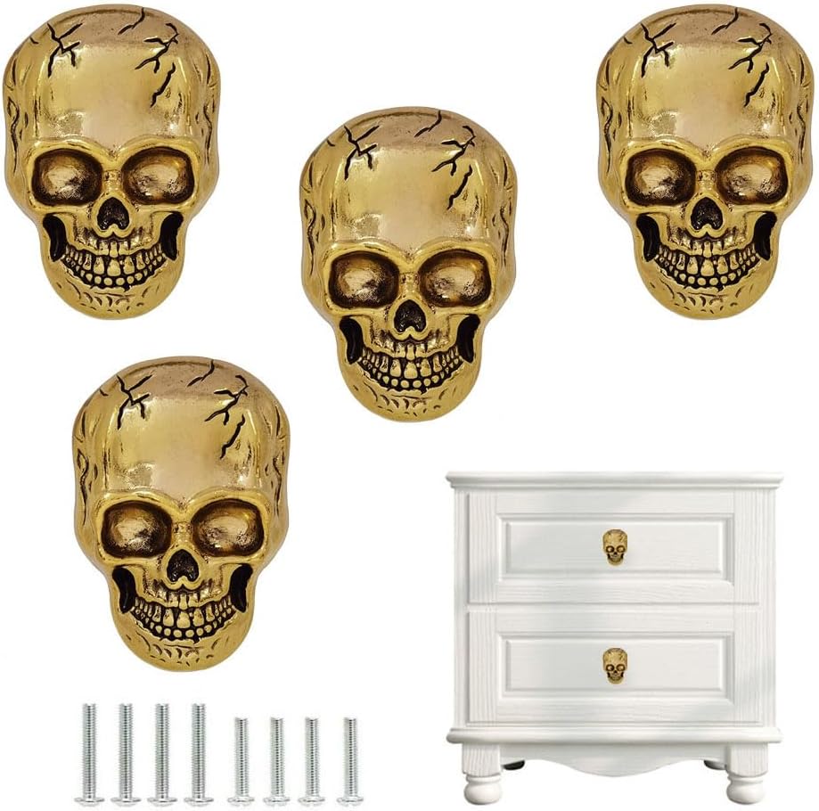 Gold Skull Drawer Knobs Pulls,Unique Skull Cabinets Knob Covers Decorative, Single Hole Metal Pull Handle for Dresser Closets Hardware Furniture Halloween Skull Kitchen Accessories (Antique Gold)