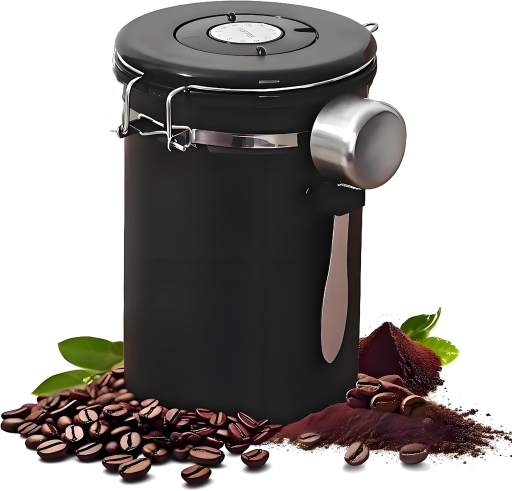 Coffee Canister, Stainless Steel Coffee Bean Storage Container with Date Tracker and Scoop, Kitchen Food Container for Grounds Coffee, Beans, Tea, Flour, Cereal, Sugar, 22OZ (1800ML | Black)