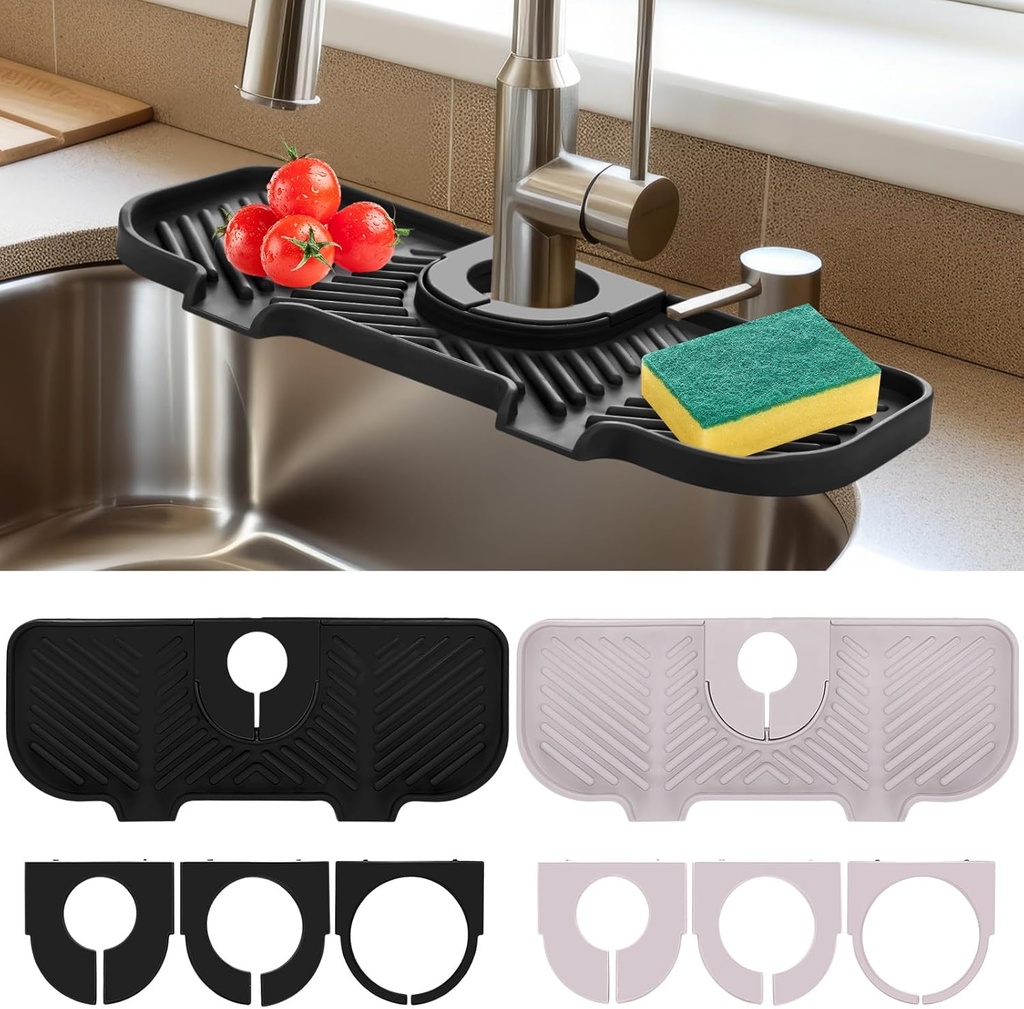 2 Pcs Silicone Faucet Splash Guard 10.6 ” x 4.3” Kitchen Sink Splash Guard Faucet Mat for Kitchen Mat Catcher Black and Grey Sink Accessories for Bathroom