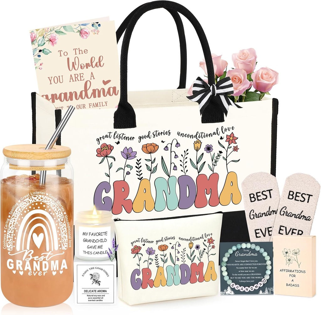 Grandma Gifts for Birthday Tote Bag Grandma Gift Set from Granddaughter Grandson Grandchildren Grandkids Christmas Gifts for Grandma Tote Bag Makeup Bag 16 Oz Can Glass Bead Bracelet