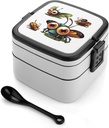 Cartoon Insect Bento Box Double-Layer Bento Lunch Container with Spoon And Invisible Handle Adult Leak-Proof Lunchbox for Dining Out Work Picnics Travel
