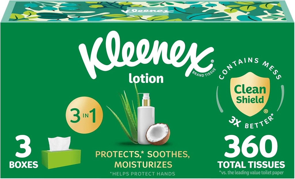 Kleenex Lotion Facial Tissues with Coconut Oil, 3 Flat Boxes, 120 Tissues Per Box, 3-Ply