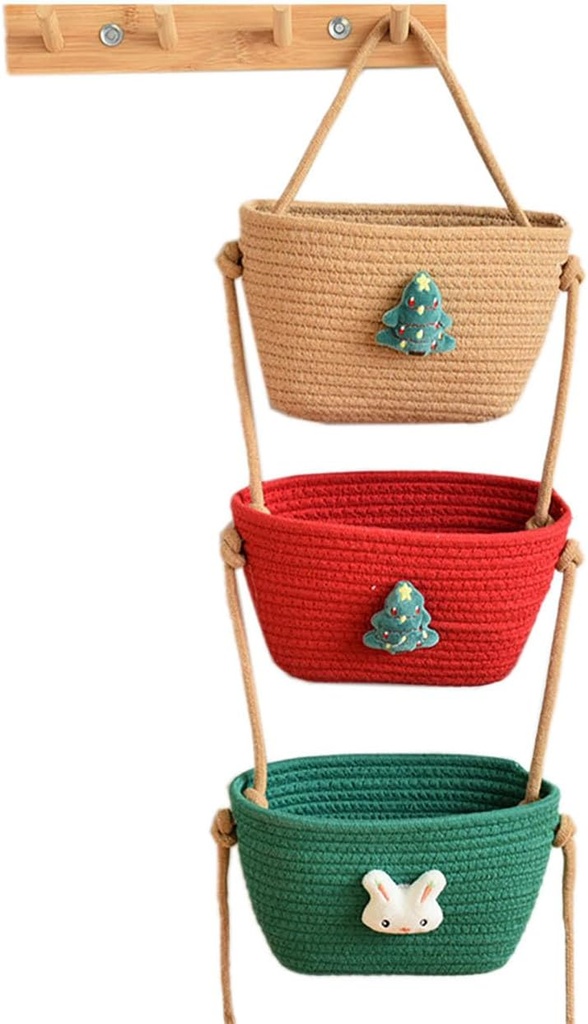 Woven Cotton Hanging Baskets, 3-Tier Woven Cotton Wall-Mounted Storage Organizer Bag Decorative Kitchen Baskets (Color-14)