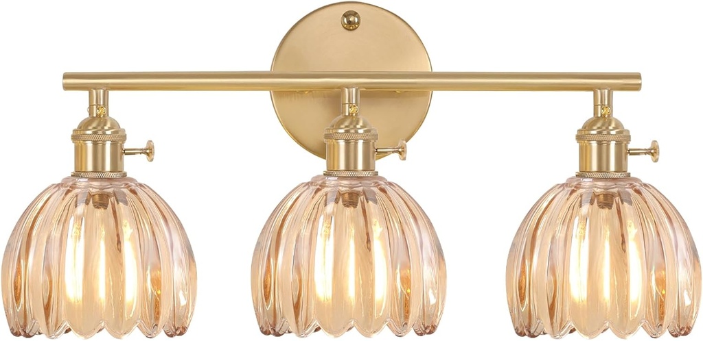 Bathroom Light Fixtures, 3-Light Brass Vanity Wall Light Over Mirror with Amber Tulip Glass Shade for Bedroom Living Room (Bulb Not Included)