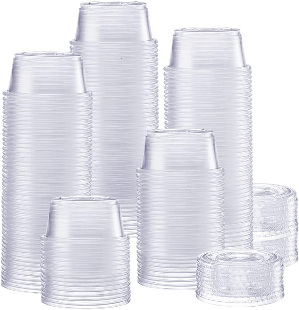 GUSTO [2 oz. - 200 Count Clear Disposable Plastic Portion Cups with Lids - Soufflé Cups, Jello Shot Cups With Lids, Clear Plastic Containers Perfect for salad Dressing and More