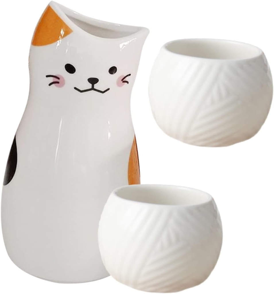 Ciieeo 1set Japanese Traditional Sake Kettle and Cat Cup Ceramic Wine Pot Adorable Cat Design for Home Use and Special Occasions