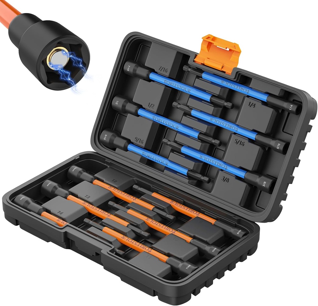 12PCS Nut Driver Set for Impact Drill, Magnetic SAE/Metric 1/4" Hex Shank Nut Drivers, 6 Inch Extra Long Socket Set for Drill with Sturdy Tool Box, Hand Tools for Men/Women to DIY and Repair Car
