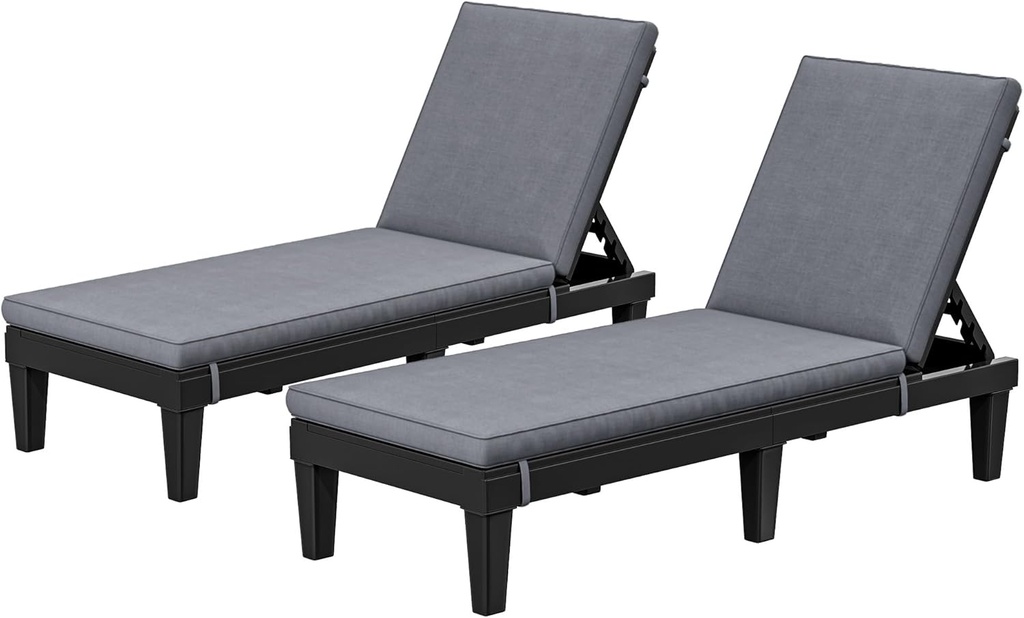YITAHOME Outdoor Chaise Lounge Chair, Plastic Pool Chaise Lounge with Cushions & 5-Position Backrest, Easy Assembly & Waterproof for Patio & Poolside, Set of 2, Grey