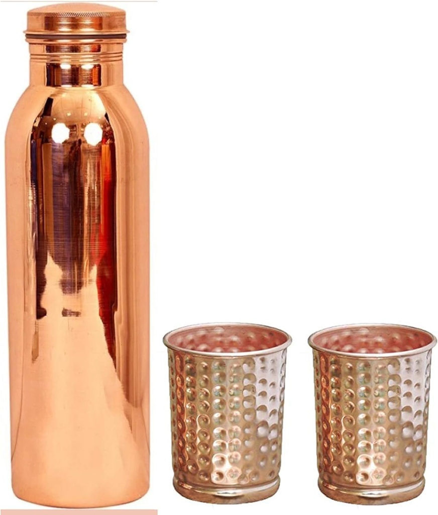 Mix Drinkware Set Copper 1000 ML Water Plain Bottle With 2 Copper Hammered Glass, Drinkware Gifted Set (1000 ML Bottle, 300 ML Glass) Kitchen Item Copper Utensils
