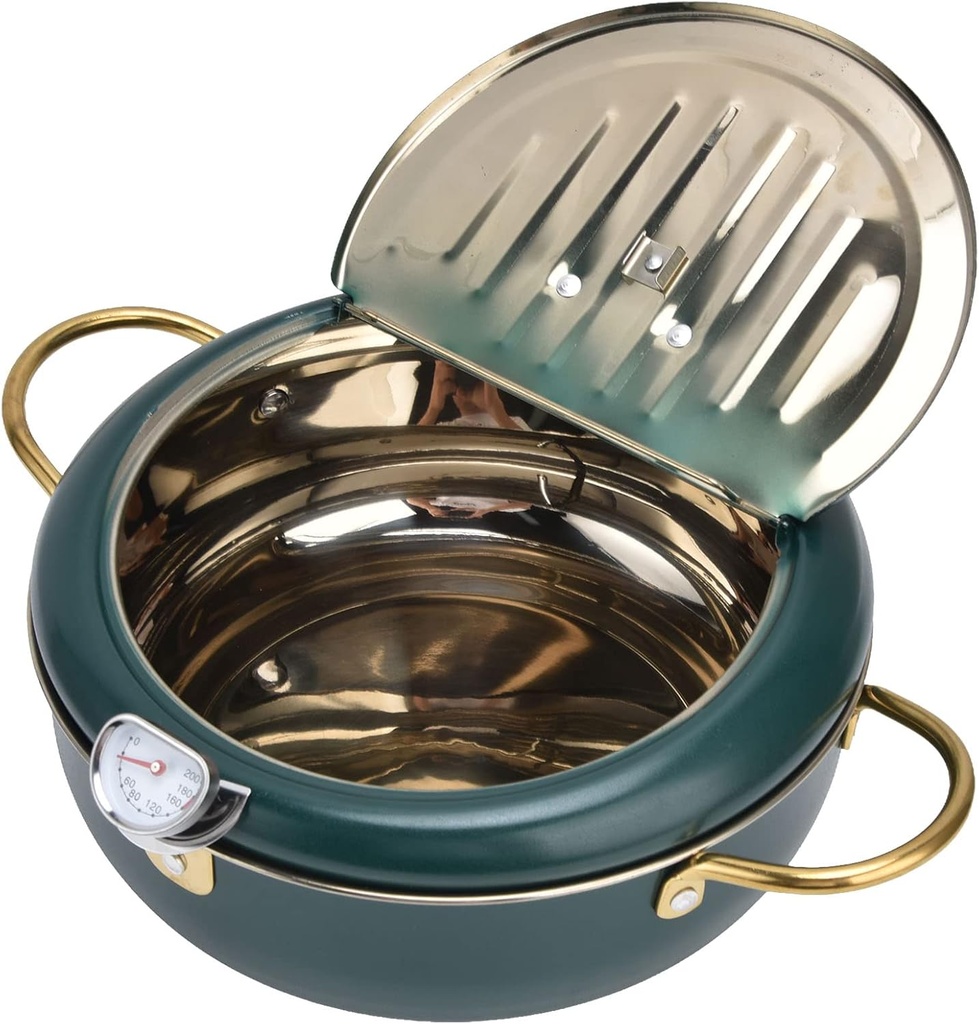 Deep Fryer Pot, 304 Stainless Steel Japanese Style Deep Fryer,Frying Pan with Thermometer,Home Tempura Fryer Pot for Frying French Fries, Shrimp, Chicken Steak, Squid, Biscuit, Meatballs(Black Green)