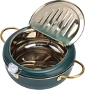 Deep Fryer Pot, 304 Stainless Steel Japanese Style Deep Fryer,Frying Pan with Thermometer,Home Tempura Fryer Pot for Frying French Fries, Shrimp, Chicken Steak, Squid, Biscuit, Meatballs(Black Green)