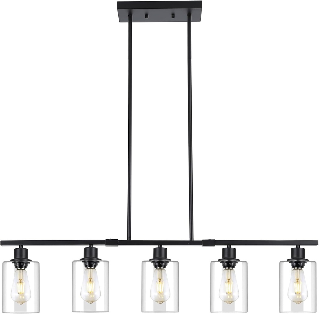39.4" Kitchen Island Lighting, 5 Lights Clear Glass Pendant Light Fixtue, Black Linear Metal Chandelier for Dining&Living Room Foyer,Height Adjustable,E26 Socket