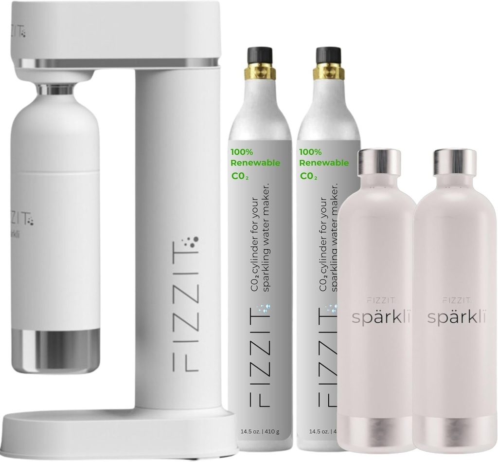 White Stainless Steel Sparkling Water Maker with 2 CO2 Cylinders & 2 Reusable Bottles