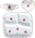 Weight Management Tableware - 3 Piece Ceramics Dinnerware for Adults, Strawberry Pattern Plate and Bowl Set, Micro-wave and Dishwasher Safe, Great Gift for Birthday