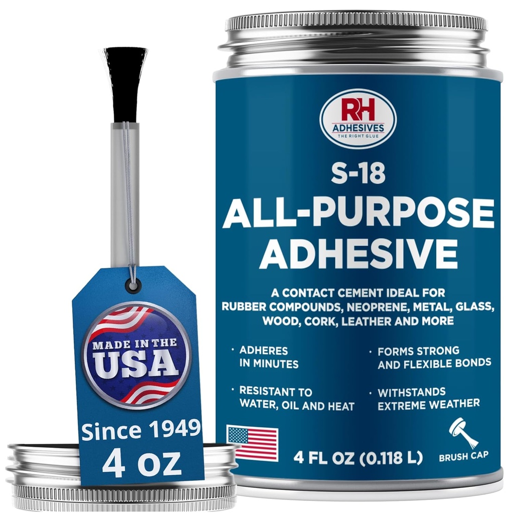 S-18 All-Purpose Adhesive, 4 oz. can - Multi-Purpose, Rubber, Metal, Leather, Felt, Wood, Neoprene, Glass, Flexible, Waterproof, Long Lasting - RH Adhesives