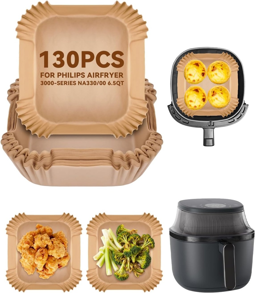 130PCs Air Fryer Paper Liners for Philips Airfryer 3000 Series 6.5QT (NA330/00), 7.9in Nonstick Disposable Parchment Paper Baking Inserts, Food Grade Air Frier Accessories for Philips Free of Bleach