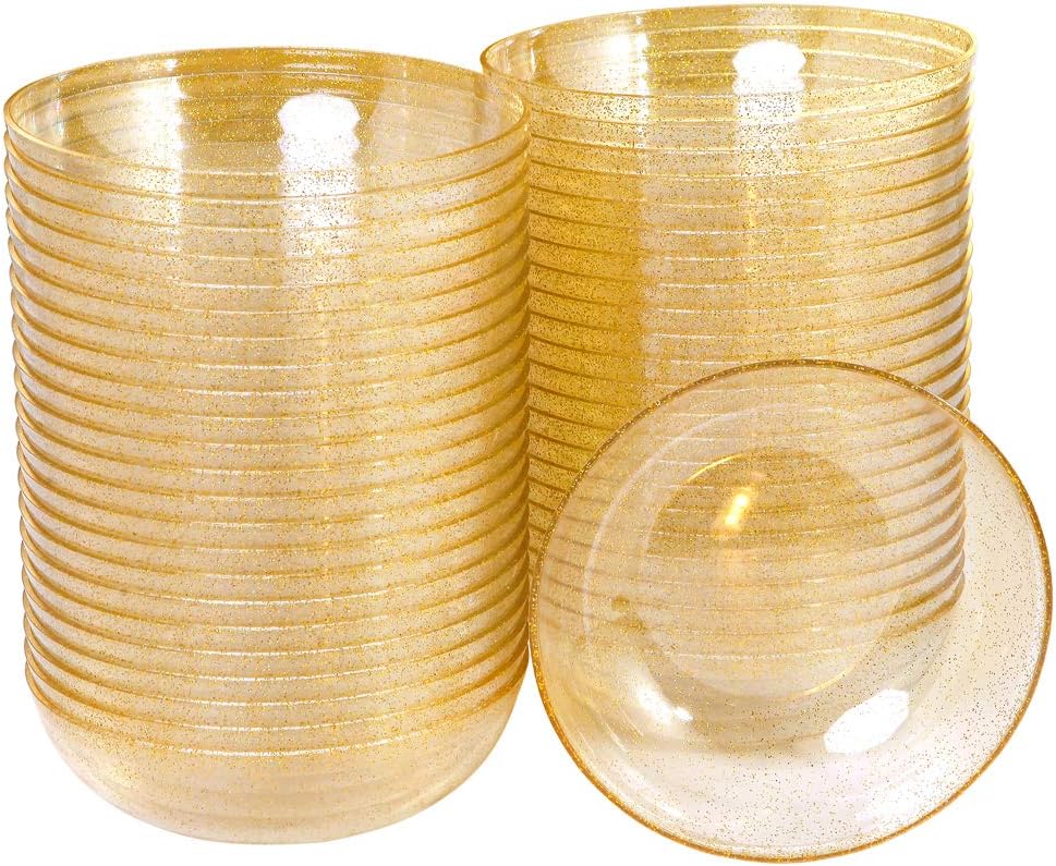 bUCLA 50Pack Gold Glitter Plastic Bowls - 10oz Disposable Crystal Salsa/Dessert Bowls for Wedding & Party