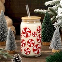 Whaline Christmas Drinking Glasses Red White Candy Iced Coffee Cup 16oz Xmas Candy Glass Cup with Lids and Straw for Cocktails Whiskey Beer Soda Gifts