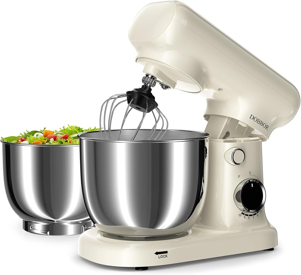 Stand Mixer with 3QT+3.5QT Dual Bowls, 10-Speed Electric 300W Food Mixer - Includes Egg Whisk, Dough Hook & Flat Beater for Home Baking & Daily Cooking (White)