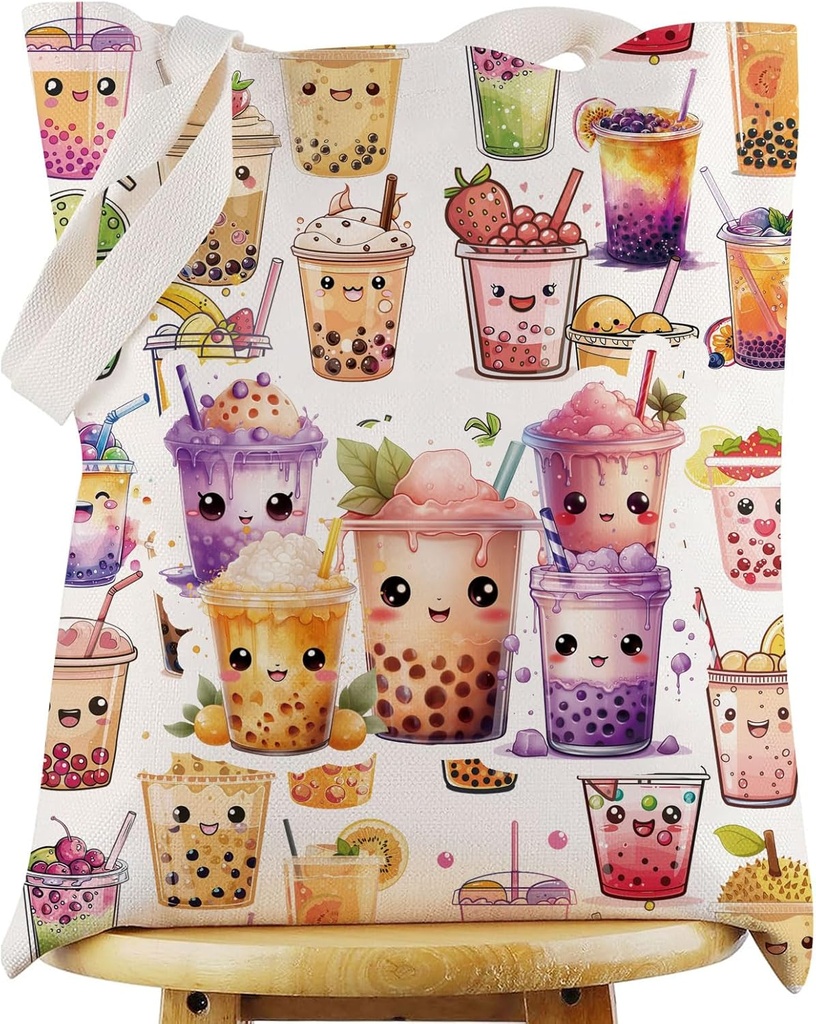 WZMPA Boba Milk Tea Tote Bag Bubble Tea Lover Gift Bubble Milk Tea Reusable Grocery Bag Milky Tea Merchandise